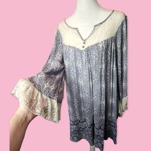 Embroidered Ivory Lace Bell Sleeve Paisley Boho Long Sleeve Dress with Pockets L
